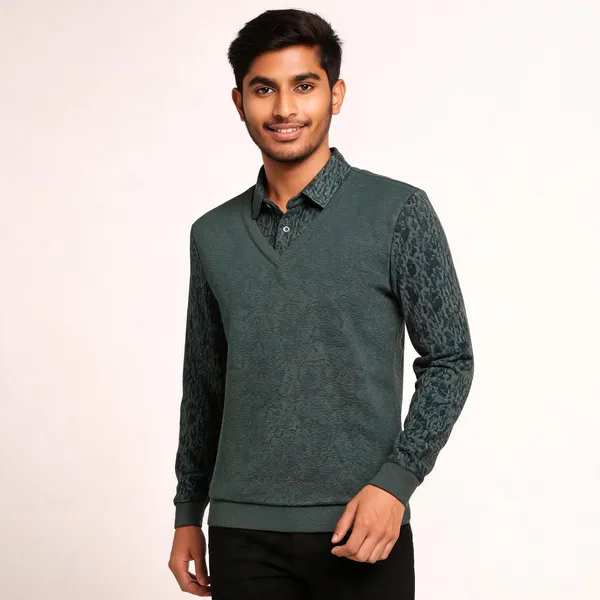 Green_Cotton_Blend_Textured_V-Neck_Pullover_For_Men