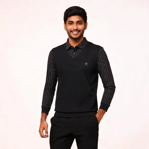 Black_Cotton_Blend_V-Neck_Layered_Top_For_Men