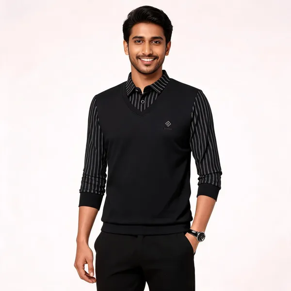 Black_Cotton_Blend_V-Neck_Layered_Top_For_Men