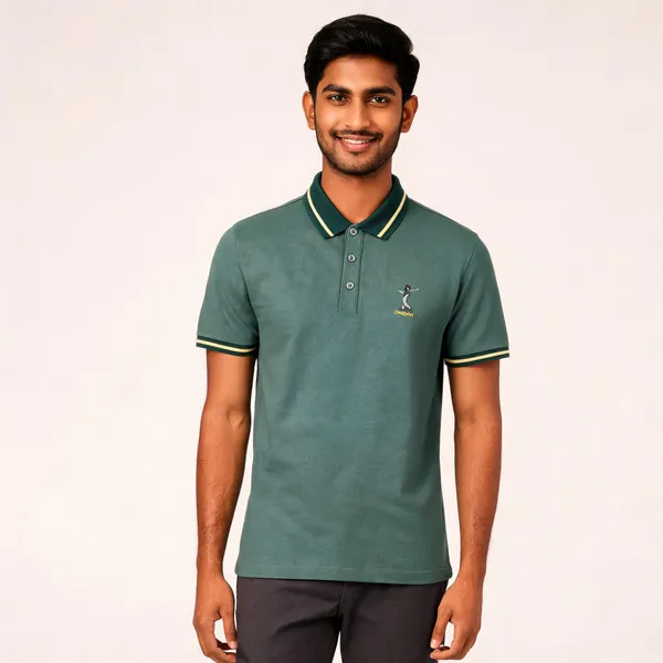 Green_Cotton_Blend_Stripe_Trim_Polo_T-Shirt_For_Men