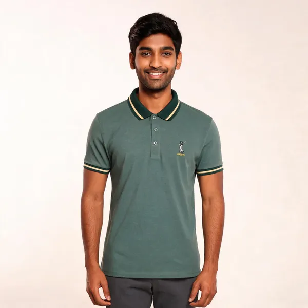 Green_Cotton_Blend_Stripe_Trim_Polo_T-Shirt_For_Men