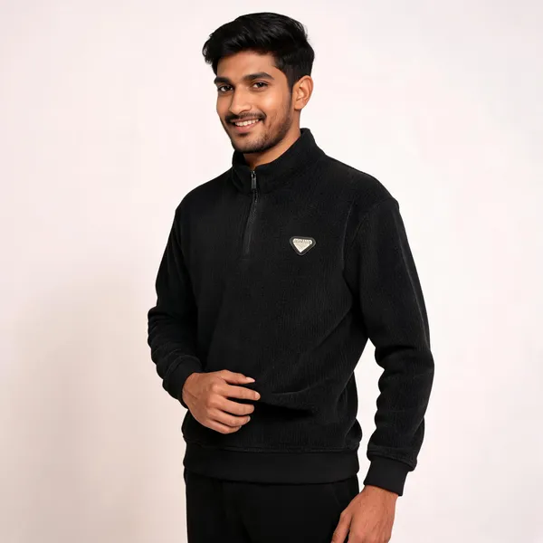 Black_Cotton_Blend_Textured_Quarter-Zip_Pullover_For_Men