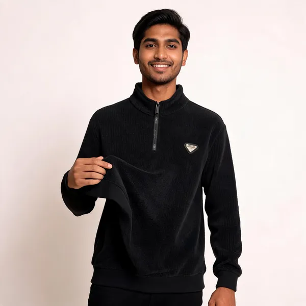 Black_Cotton_Blend_Textured_Quarter-Zip_Pullover_For_Men
