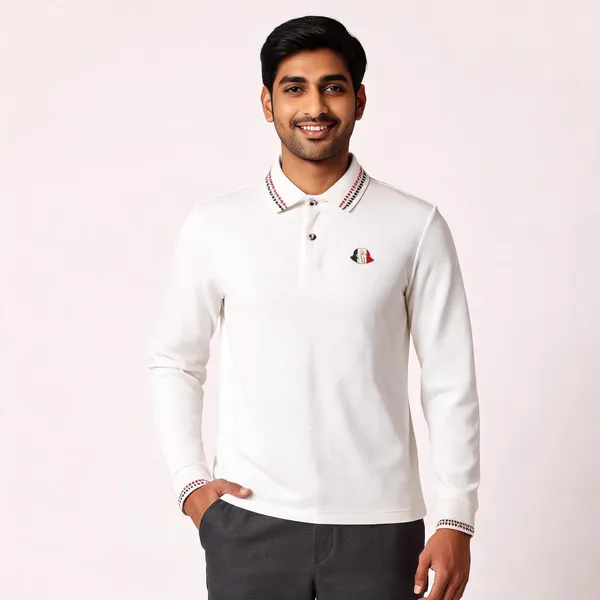 White_Cotton_Blend_Long_Sleeve_Regular_Fit_Polo_Shirt_For_Men