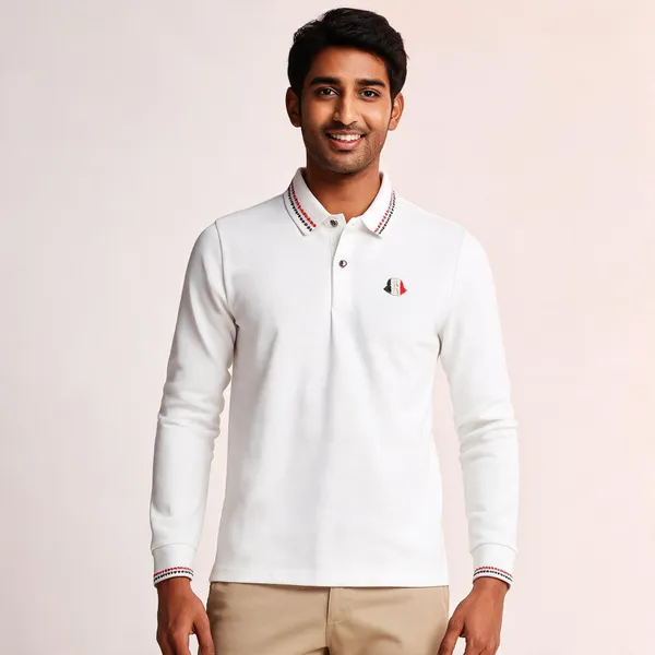 White_Cotton_Blend_Long_Sleeve_Regular_Fit_Polo_Shirt_For_Men