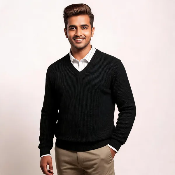 Black_Cotton_Blend_Ribbed_V-Neck_Sweater_For_Men