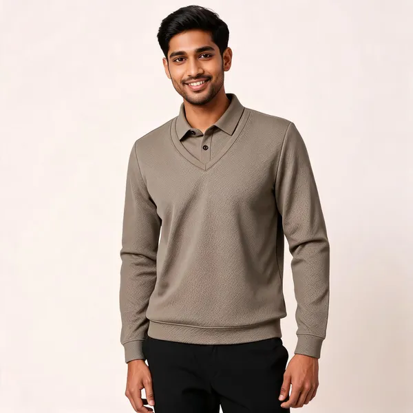 Taupe_Cotton_Blend_Textured_Regular_Fit_Polo_Sweatshirt_For_Men