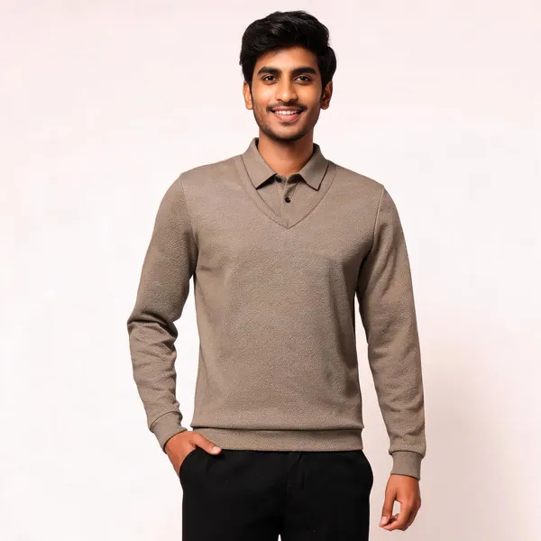 Taupe_Cotton_Blend_Textured_Regular_Fit_Polo_Sweatshirt_For_Men