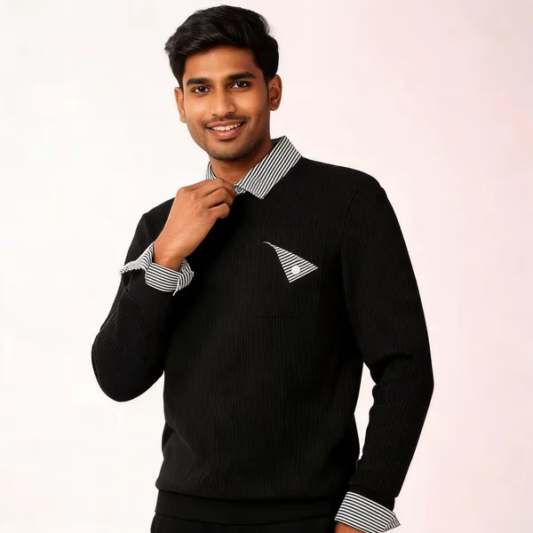 Black_Cotton_Blend_Ribbed_Regular_Fit_Collared_Pullover_For_Men