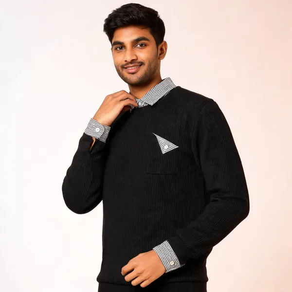 Black_Cotton_Blend_Ribbed_Regular_Fit_Collared_Pullover_For_Men