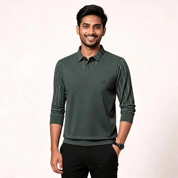 Dark_Green_Cotton_Blend_Layered_V-Neck_Top_For_Men