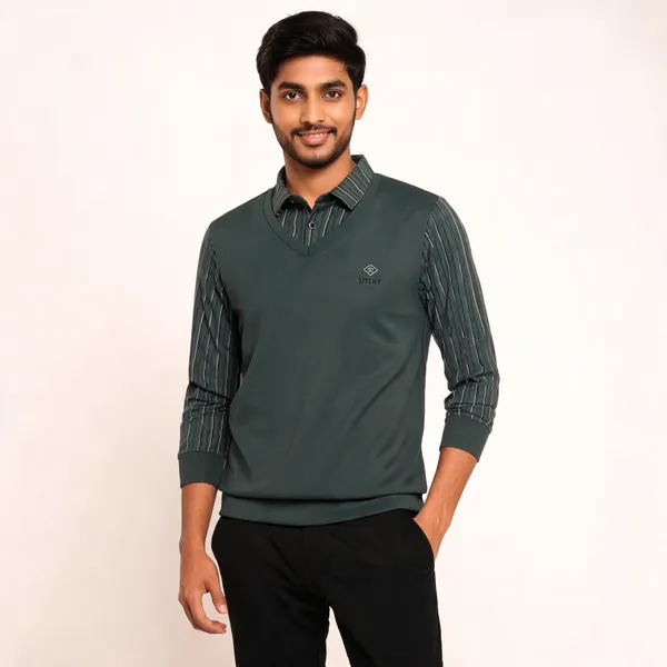 Dark_Green_Cotton_Blend_Layered_V-Neck_Top_For_Men