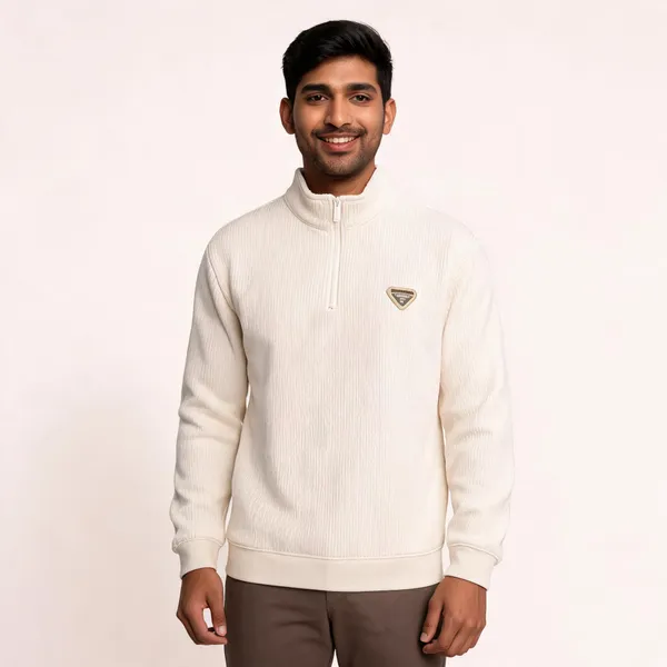 Cream_Cotton_Blend_Ribbed_Regular_Fit_Quarter-Zip_Sweatshirt_For_Men