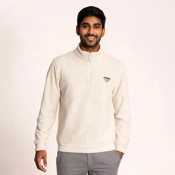 Cream_Cotton_Blend_Ribbed_Regular_Fit_Quarter-Zip_Sweatshirt_For_Men