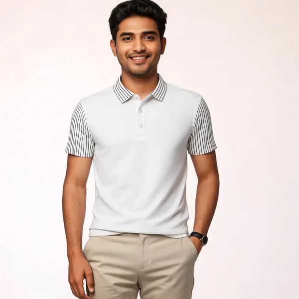 White_Cotton_Blend_Striped_Collar_Regular_Fit_Polo_T-Shirt_For_Men
