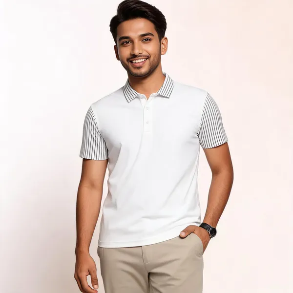 White_Cotton_Blend_Striped_Collar_Regular_Fit_Polo_T-Shirt_For_Men
