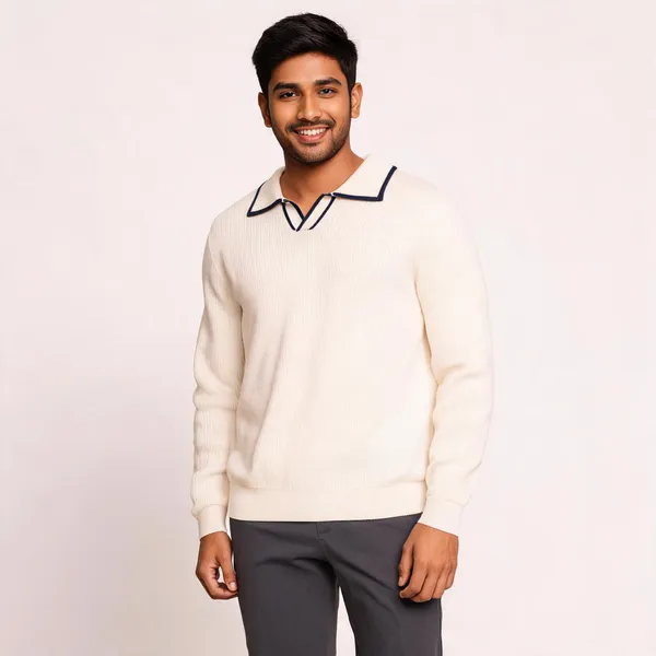 Ivory_Cotton_Blend_Rib-Knit_Collared_Pullover_Sweater_For_Men