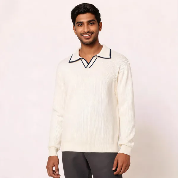 Ivory_Cotton_Blend_Rib-Knit_Collared_Pullover_Sweater_For_Men