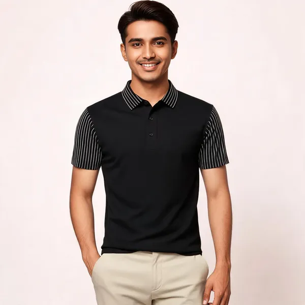 Black_Cotton_Blend_Striped_Collar_Regular_Fit_Polo_T-Shirt_For_Men