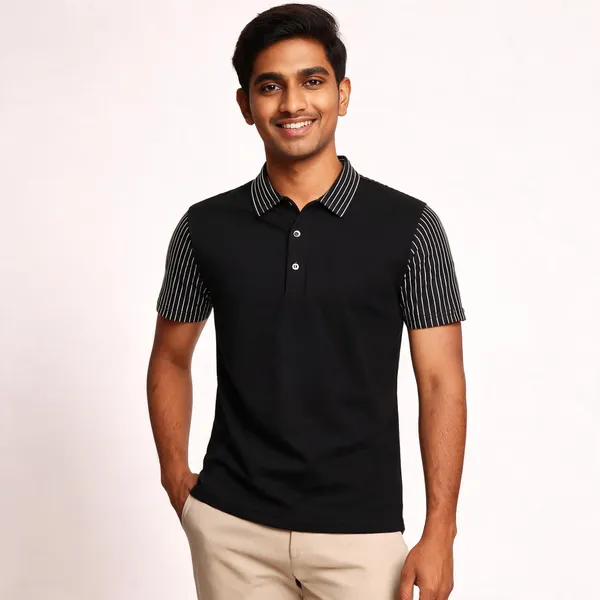 Black_Cotton_Blend_Striped_Collar_Regular_Fit_Polo_T-Shirt_For_Men