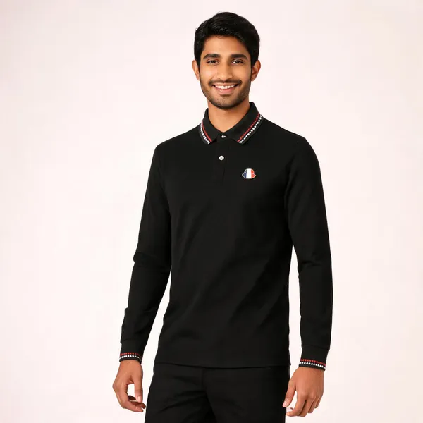 Black_Cotton_Blend_Long_Sleeve_Regular_Fit_Polo_Shirt_For_Men