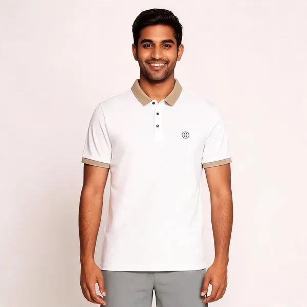 White_Cotton_Blend_Contrast_Trim_Polo_T-Shirt_For_Men