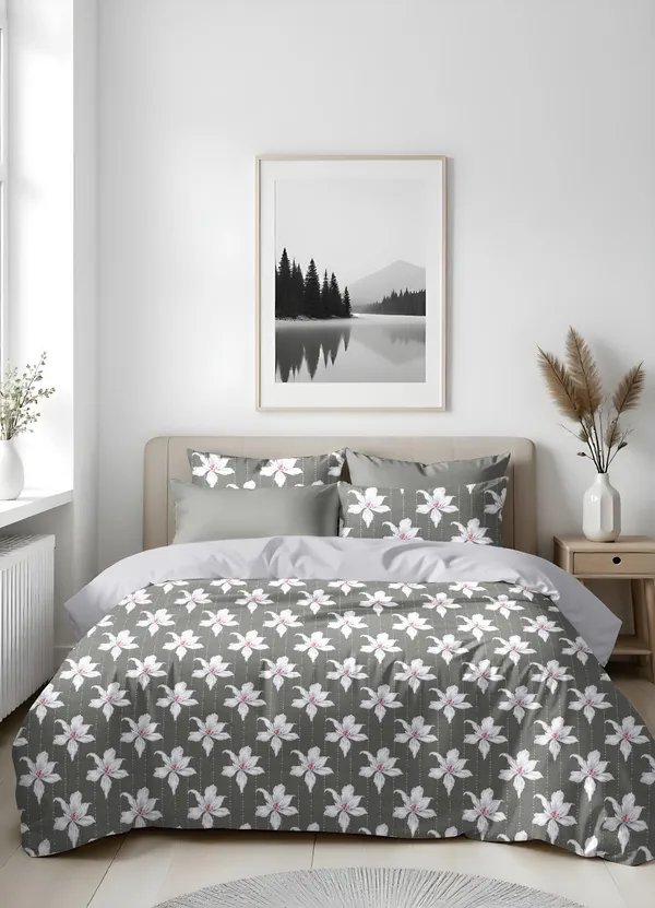 Grey_Floral_Print_King_Size_Bedsheet_With_Pillow_Covers