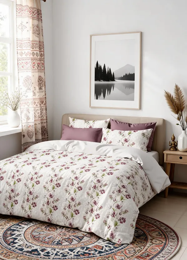 White_&_Mauve_100%_Cotton_Bedsheet_Set_For_Home_Decor
