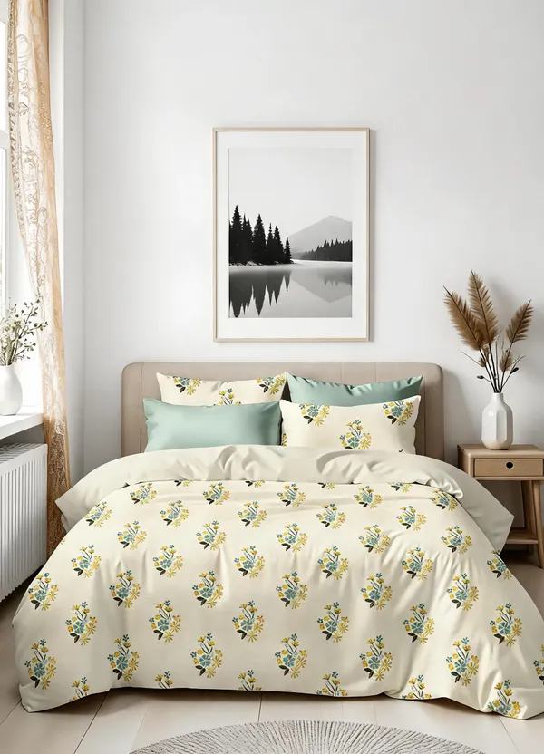 Cream_&_Blue_100%_Cotton_Bedsheet_Set_For_Home_Decor