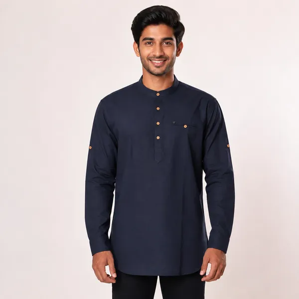 Navy_Blue_Mandarin_Collar_Cotton_Kurta_For_Men