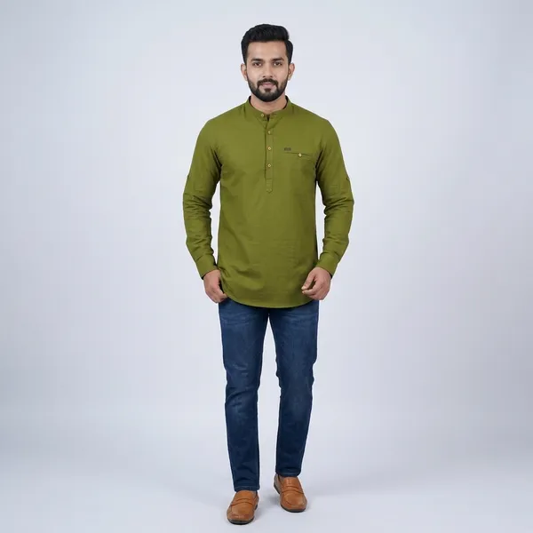 Olive_Green_Cotton_Relaxed_Mandarin_Collar_Short_Kurta_For_Men