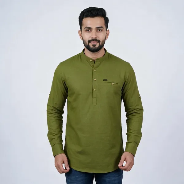 Olive_Green_Cotton_Relaxed_Mandarin_Collar_Short_Kurta_For_Men