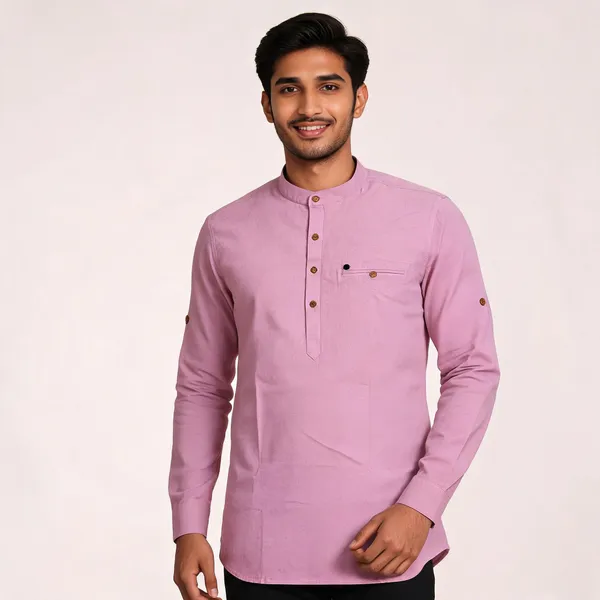 Pink_Cotton_Relaxed_Mandarin_Collar_Short_Kurta_For_Men