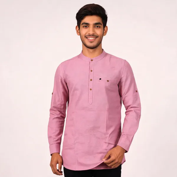 Pink_Cotton_Relaxed_Mandarin_Collar_Short_Kurta_For_Men