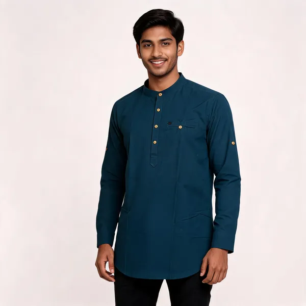 Teal_Cotton_Regular_Fit_Short_Kurta_For_Men