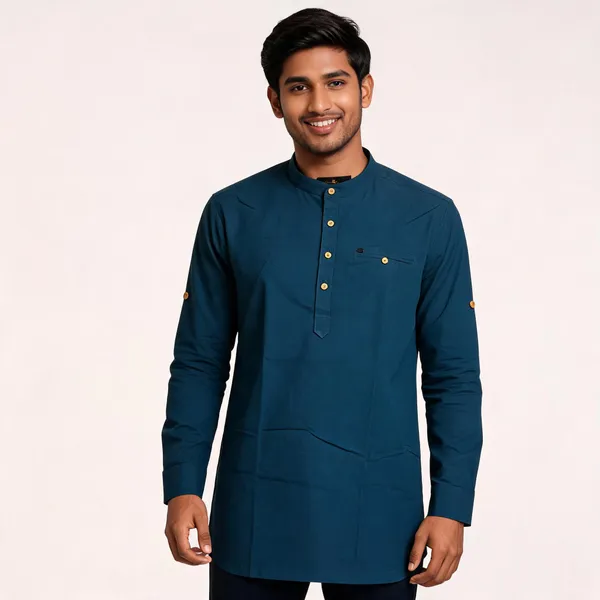 Teal_Cotton_Regular_Fit_Short_Kurta_For_Men