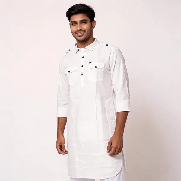White_Cotton_Regular_Fit_Kurta_For_Men
