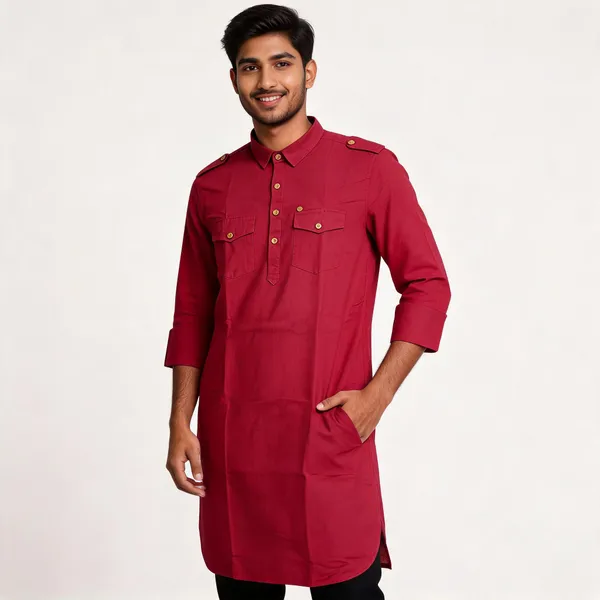 Red_Cotton_Relaxed_Fit_Kurta_For_Men