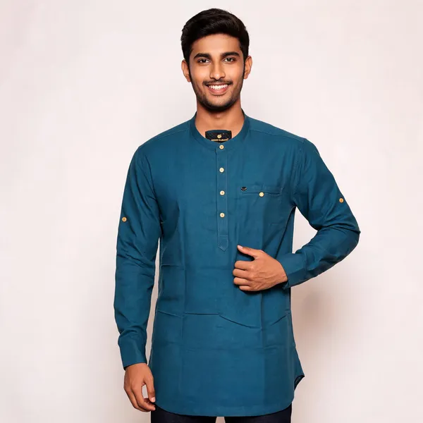 Teal_Cotton_Relaxed_Fit_Short_Kurta_For_Men
