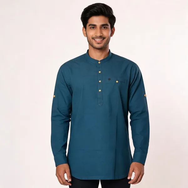 Teal_Cotton_Relaxed_Fit_Short_Kurta_For_Men