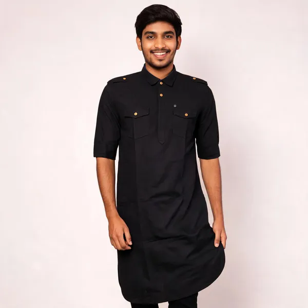 Black_Cotton_Polo_Collar_Kurta_For_Men