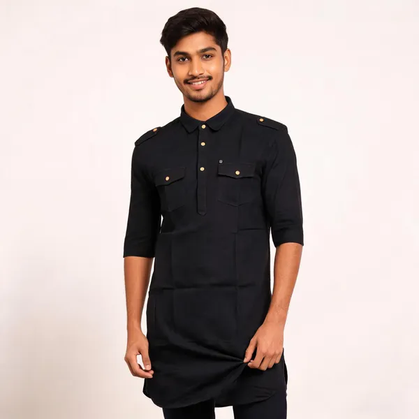 Black_Cotton_Polo_Collar_Kurta_For_Men