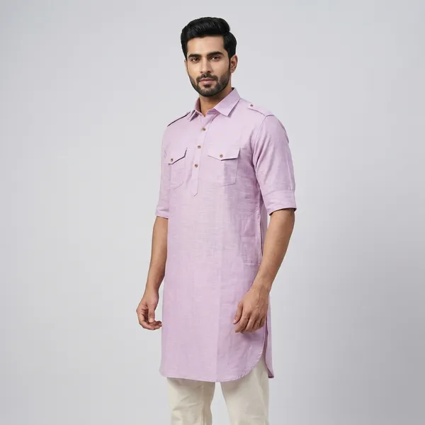Pink_Cotton_Longline_Collared_Kurta_For_Men