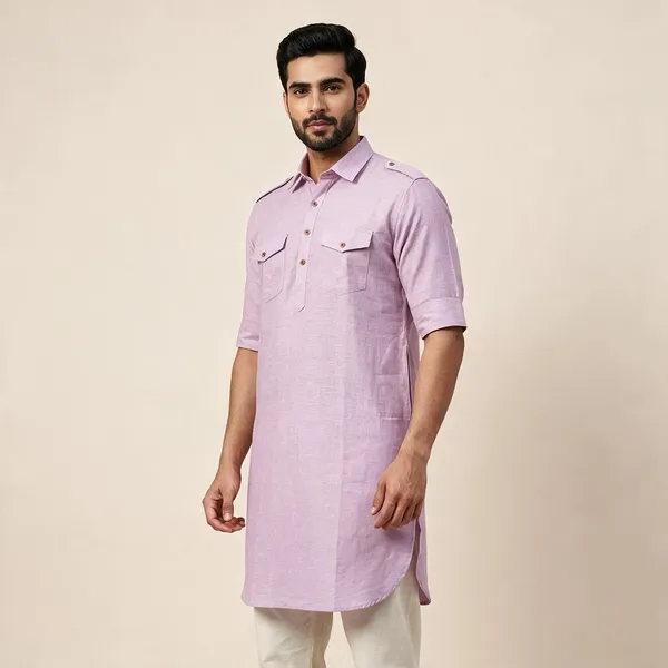 Pink_Cotton_Longline_Collared_Kurta_For_Men