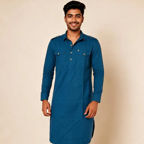 Blue_Cotton_Longline_Straight_Fit_Kurta_For_Men