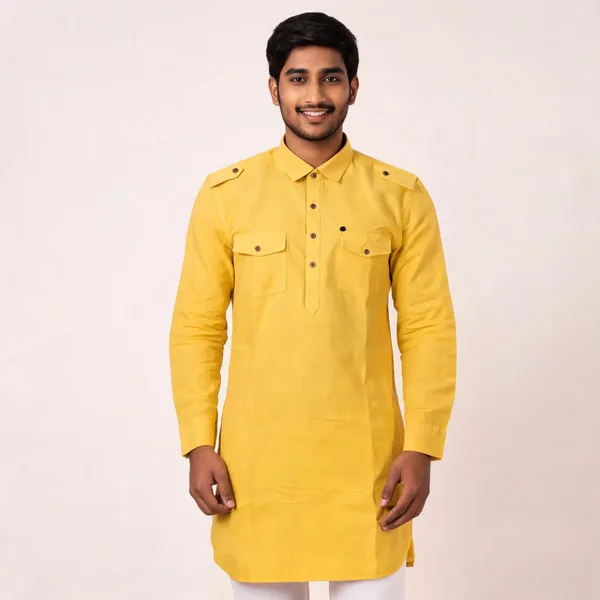 Yellow_Cotton_Longline_Collared_Kurta_For_Men