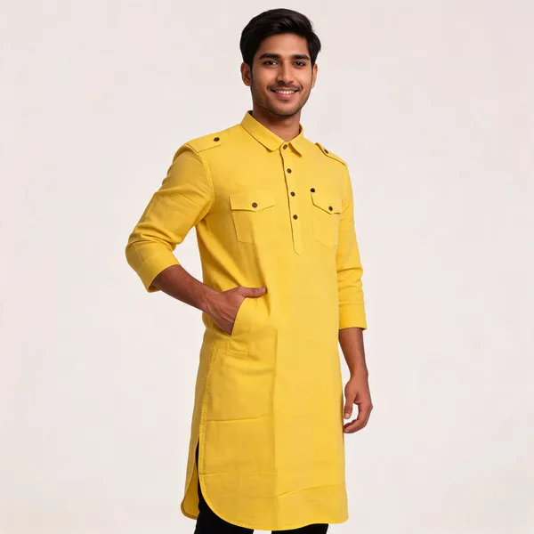 Yellow_Cotton_Longline_Collared_Kurta_For_Men