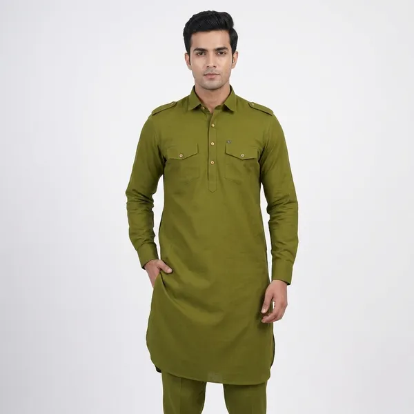 Olive_Green_Cotton_Regular_Fit_Kurta_For_Men