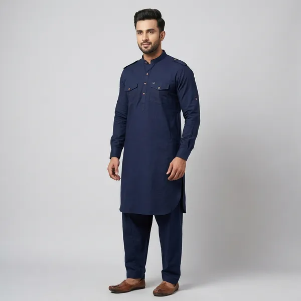 Navy_Blue_Cotton_Mandarin_Collar_Kurta_For_Men