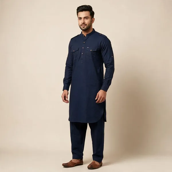 Navy_Blue_Cotton_Mandarin_Collar_Kurta_For_Men